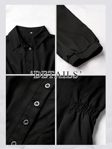 Women Pleated Peplum Blouse 3/4 Sleeve Button Down Cinched Waist Shirt Fitted Flattering Office Daytime Top