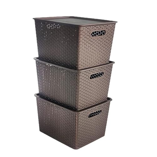 HomeStrap Rectangular Set Of 3 Plastic Storage Organizers/Baskets With Lid For Kitchen, Clothes, Multipurpose Vegetables, Toys, Books, Office, Stationery, Wardrobe(Large | Brown)(Shark Tank Product)