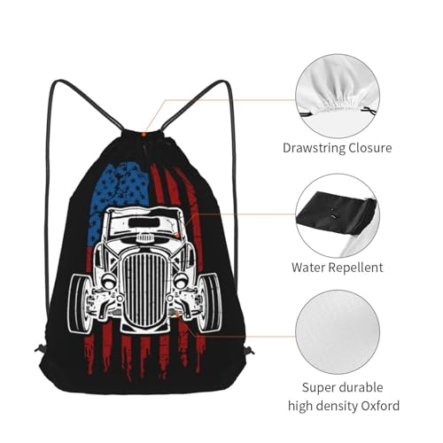 Vintage Hot Rod American Flag Classic Car Drawstring Backpack Bag Sport Gym Sackpack for Men Women (Black)3