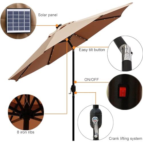 Image of Blissun 9 ft Solar Umbrella, 32 LED Lighted Patio Umbrella, Table Market Umbrella, Outdoor Umbrella for Garden, Deck, Backyard, Pool and Beach (Tan)