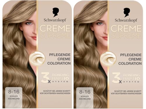 Schwarzkopf Creme Supreme Coloration 8 – 16 rubio ceniza fresco (2 x 182 ml), coloración permanente con suero y mascarilla para el cabello, protege contra daños visibles del cabello, para una