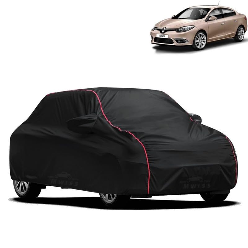Image of Waterproof Car Cover for Renault Fluence | All-Weather Protection, Dustproof & UV Resistant | Triple Stitched Mirror Pockets, Windproof Buckle Strap with Elastic Hem, Black-Red Piping