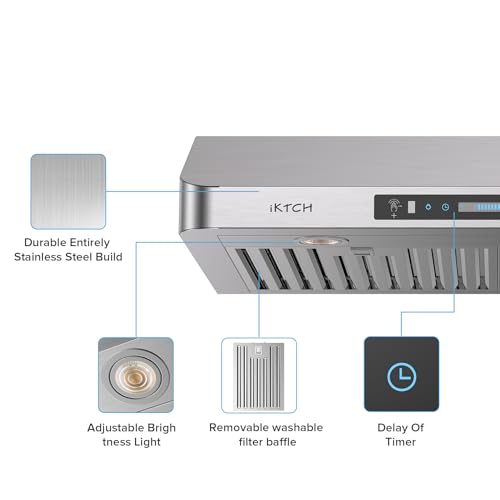 Image of IKTCH Under Cabinet Range Hood 36 Inch,390-CFM Ducted Kitchen Vent Hood with 2 LED Light, 4 Speed Gesture & Touch & Remote Control, Silver Stainless Steel, with 2 Pcs Baffle Filter