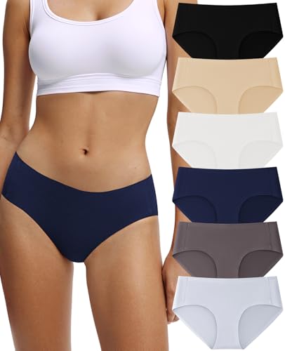 Image of Seamless Cotton Underwear for Women No Show Bikini Panties 6 Pack | Full Coverage Sexy Hipsters, Soft Comfort Fabric, Stay Put Fit, Invisible Under Clothing, All Day Wear, Work Travel Home