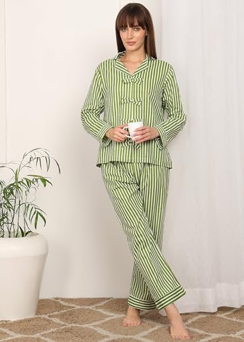 Image of Vlazom Women Cotton Striped Night Suit Set with Pocket | Full Sleeve Shirt & Pajama Co-Ord Set | Soft Breathable Sleepwear with Bow Detail | Comfortable Loungewear for Home