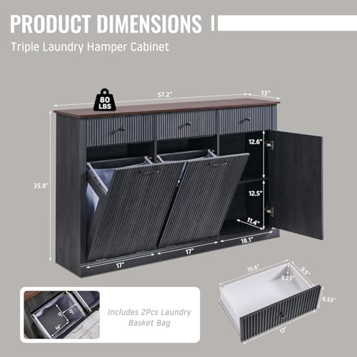 Image of IFBUY Triple Tilt Out Laundry Hamper Cabinet, Trash Can Cabinet, Grey