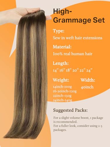 Image of DOORES Human Hair Extensions Sew in, 20 Inch 120g Balayage Chocolate Brown to Caramel Blonde, Weft Hair Extensions Straight