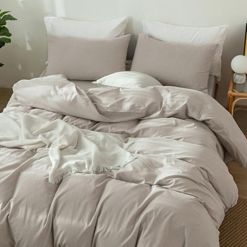 Image of MooMee Bedding Duvet Cover Set 100% Washed Cotton Linen Like Textured Breathable Durable Soft Comfy (Heathered New Natural Linen, Twin 68 inchx90 inch)