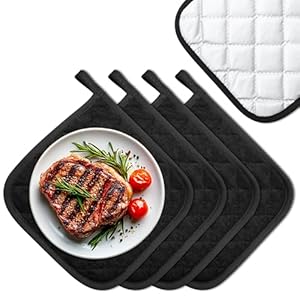 4 Pezzi Presine da Forno 20×20 cm.Presine da Cucina in Cotone.Resistenti al Calore con Gancio per Appendere, Lavabili in Lavatrice – Sottopentola Isolanti per Cucina,Forno,Pentole(Nero/Argento)
