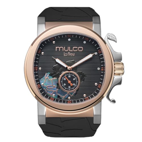 MULCO Le Fleur Gardenia Womens Watch 43 mm Stainless-Steel Case Rose-Gold Bezel Mother-of-Pearl Dial with Crystal Accents Pure Silicone Strap Quartz Multifunction Movement 10 ATM Waterproof