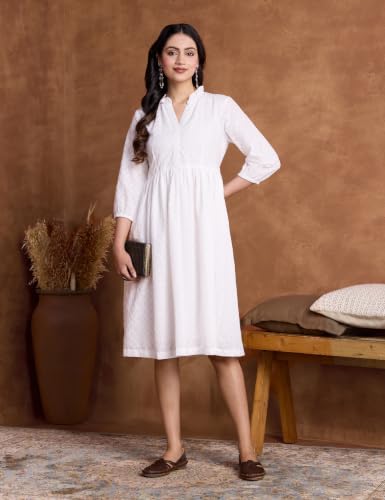 Image of Amazon Brand - Myx Women's Schiffli Embroidery Ethnic Dress | Fit and Flare | Knee Length (Available in Plus Sizes)