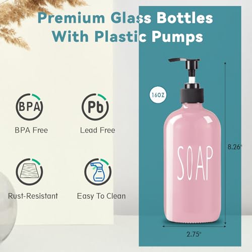Image of COHOSEGE Glass Soap Dispenser Set 2 Pack,16 Oz Hand Soap Dispenser for Bathroom,Pink Kitchen Accessories and Bathroom Decor,Soap and Lotion Dispenser Set for Bathroom