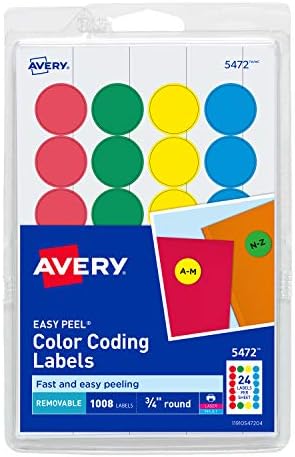 Avery Removable Color-Coding Labels, Removable Adhesive, Assorted Colors, 3/4" Diameter, 1,008 Labels (5472)