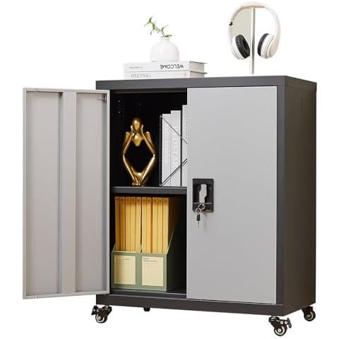 GREATMEET Metal Storage Cabinet with Locking Doors and Wheels,Garage Cabinet with Shelves for Home Office, Gym, School,Black+Grey Cover