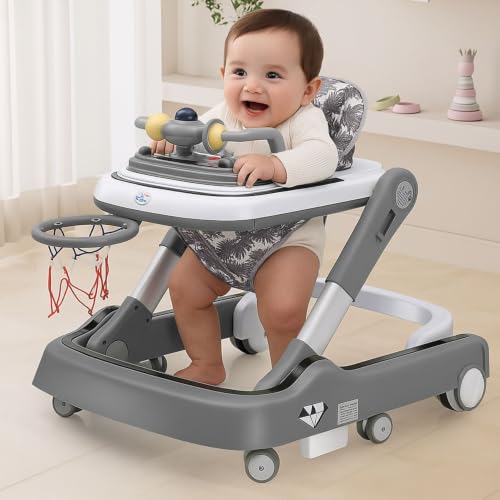 Image of Little Olive Baby Walker for Kids | Foldable & Adjustable Height Walker with Basketball Hoop, Interactive Activity Toy Bar, Comfortable Padded Seat & Smooth Wheels | Baby Walker for Boys & Girls (Grey)