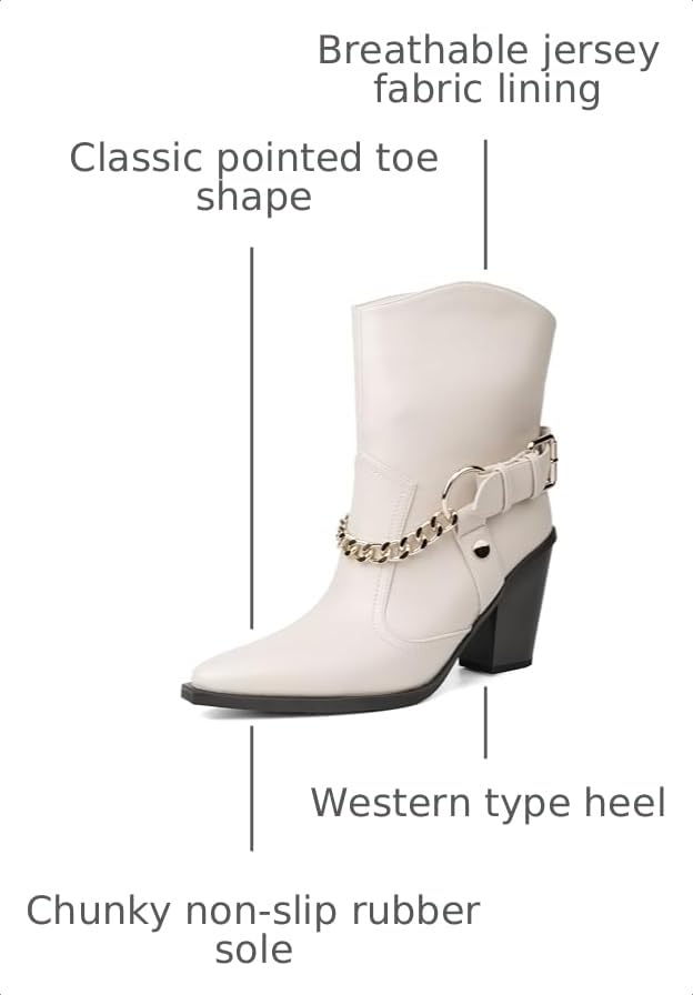 Image of Women's Chain Detail Western Ankle Boots Pointed Toe Block Heel