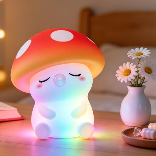 Image of FAMIDUO Mushroom Night Light for Kids, Silicone Squishy RGB Nursery Lamp | 2-Brightness & Breathing 7-Color Rainbow, Anti-Blue Eye-Caring, BPA-Free Silicone Mood Light , Cute Gifts for Baby Toddler