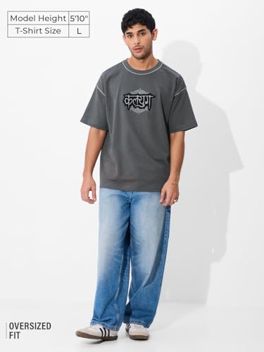 Image of The Souled Store Originals : Kalyuga Oversized T-Shirt for Men Boys Cotton Casual Half Sleeves Baggy Loose Fit Drop Shoulder Round Neck Grey