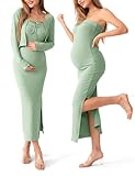 SUNNYBUY Baby Shower Maternity Tube Dress Short Cardigan Bodycon Ribbed Maxi Dress Casual 2 Piece Pregnancy Outfit Set, Sage Green XL