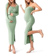SUNNYBUY Baby Shower Maternity Tube Dress Short Cardigan Bodycon Ribbed Maxi Dress Casual 2 Piece...
