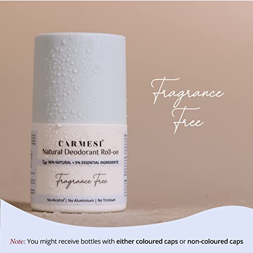 Image of Carmesi Natural Underarm Roll On Deodorant for Women | 95% Natural + 5% Essential Ingredients | For Fresh Underarms All Day | No Alcohol & Aluminium | Fragrance Free | 50 ml