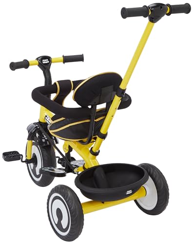 Image of Amazon Brand - Jam & Honey Tricycle for Kids | 2-in-1 with Pedalling and Parental Control Modes | Cushioned Seat | Guardrail & Anti-Slip Handle for Safety | for 2 Years+ Boys and Girls | Yellow