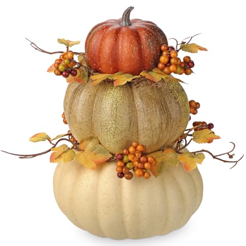 Arborus Artificial Pumpkin Fall Décor - Autumn Table Centerpieces with Faux Berries, Maple Leaves, Stacked Pumpkins – Halloween, Thanksgiving & Harvest Home Decoration