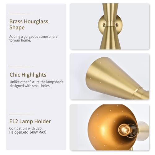Image of Brass Wall Sconce, Mid Century Modern Sconce Wall Lighting, Up Down Gold Wall Sconces E12 Base, Vintage Farmhouse Wall Lights Hardwired Wall Lamps for Bedroom Bathroom Living Room Staircase