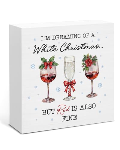 Image of Christmas Wine Decor, Wine Wood Box Sign, Drinks Lovers Gifts for Women Men, Farmhouse Christmas Home Office Decorations for Desk Table Shelf 5 X 5 Inches
