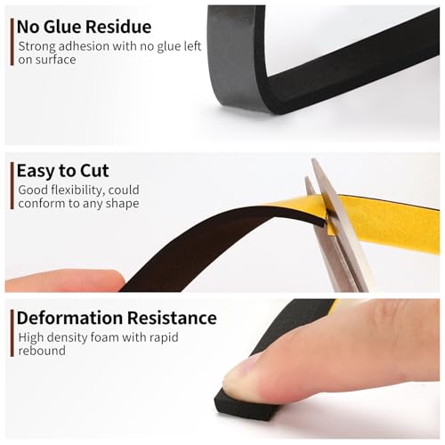 Yotache Foam Seal Tape 2 Rolls 10mm Wide X 6mm, High Density Adhesive Foam Weather Strip Seal for Window and Door, 8m Length (2 X 4m Each)