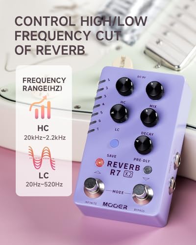 Image of MOOER R7 X2 Stereo Multi Reverb Pedal from Classic Reverb to Modern Ambient, 14 different Reverb types with High Cut, Low Cut, Mix Parameter Knobs and Infinite and Trail-on functions