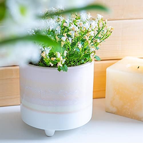 Nicola Spring Reactive Glaze Footed Plant Pot - Bohemian Planter Indoor Stoneware - 14cm - Natural