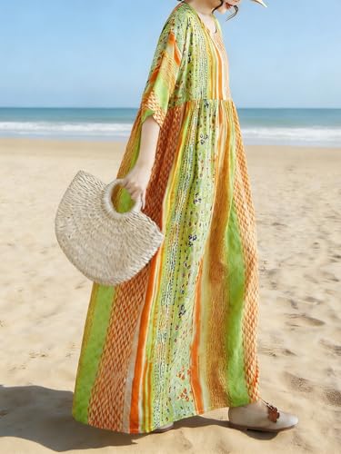 Image of Women Summer Dress with Pockets Plus Size Boho Floral Print Round Neck Loose Casual Flowy Dress