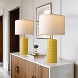 PoKat 23' Yellow Table Lamps Set of 2, Modern Living Room End Table Lamps Decor, Ceramic Lamps for Living Room, Contemporary Nightstand Lamps for Side Console Table Hallway Gift