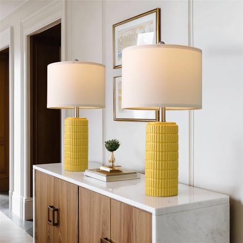 Image of PoKat 23 inch Yellow Table Lamps Set of 2, Modern Living Room End Table Lamps Decor, Ceramic Lamps for Living Room, Contemporary Nightstand Lamps for Side Console Table Hallway Gift