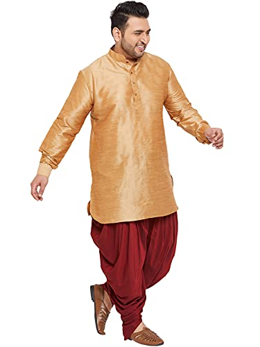 Image of VASTRAMAY Men's Silk Blend Solid Plus Kurta And Dhoti Set - Classic Ethnic Attire for Cultural Celebrations | Curved Hem Kurta With Contrast Cowl Dhoti Set