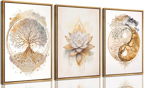 3pcs Framed Tree of Life Canvas Wall Art Gold Lotus Zen Painting Picture Wall Decor Abstract Yin Yang Poster Print Artwork for Living Room Yoga Room Hotel Bedroom Home Decoration Wood Color Framed