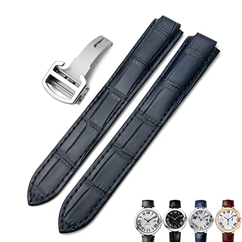 Bracelet de montre en cuir véritable bleu marine avec boucle déployante pour Cartier