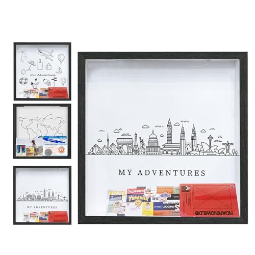 Adventure Challenge Shadow Box Picture Frame with Slot, 12x12 Inch Keepsake Box, Top Loading Display Case Travel Decor Gift (Black)