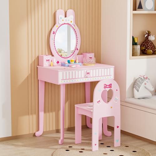 Bonnlo Coiffeuse pour Enfants 106cm, avec Miroir et Tabouret, Coiffeuse Enfant Fille avec Accessoires, Bureau 2 en 1 (Rose)