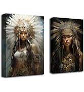 CXHOSTENT Native American Wall Art 2 Piece Indian Girl Women Headdress Feathered Canvas Prints Co...