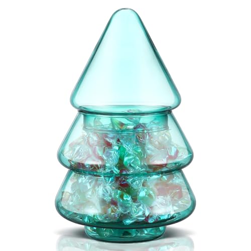 Sliner Christmas Tree Candy Jars Glass Cookie Jars with Lids Lovely Christmas Tree Jar Bowl Food Storage Container for Xmas Festival Holiday Party Gift Table Decoration(7.09 x 4.33 Inch Green)
