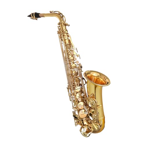 Image of Beginner Alto Saxophone, Eb Golden Lacquer- Complete Starter Kit with Case & 10 Reeds, for Adults & Students, Easy to Play for School Band & Practice