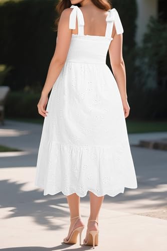 Image of Pinup Fashion Plus Size Summer Sun Smocked Eyelet Tie Straps Midi Dress | Adjustable tie straps, square neck, high waist, flowy tiered A-line, perfect for casual beach, holiday vacation, photoshoot