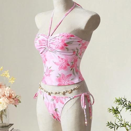 Traje de baño de dos piezas moldeador con cuello halter ajustable cómodo 3