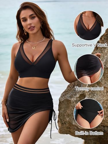 Image of Blooming Jelly Womens Swim Skirt High Waisted Bikini Sets Tummy Control Swimsuits Mesh Sarong Wraps Bathing Suits