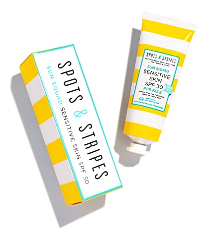 Spots & Stripes - Sun Squad Sensitive Skin SPF 30 for Face 99% Natural 100% Mineral Sunscreen for Teens and Young Skin Organic Aloe Vera Leaf Juice Jojoba and antioxidant-packed Green Tea (50ml)