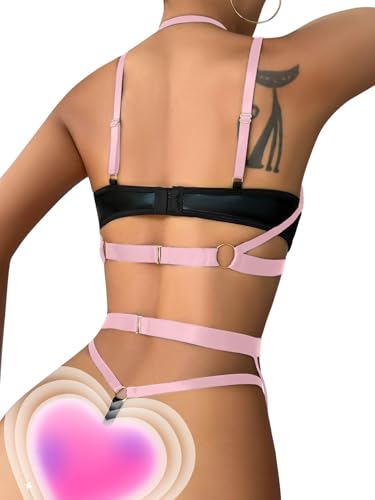 Image of Lilosy Sexy Pu Leather Strappy Underwire Garter Belt Lingerie Set
