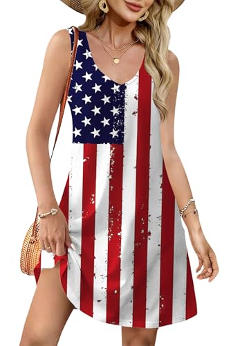 Image of LHBNK 4th of July Dress for Women: American Flag Tank Dresses Star Striped Splicing Loose V Neck Sundresses