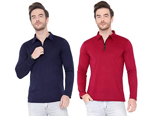 Image of Men's Cotton Blend Full Sleeve Zip Neck Polo T-Shirt (Pack of 1)